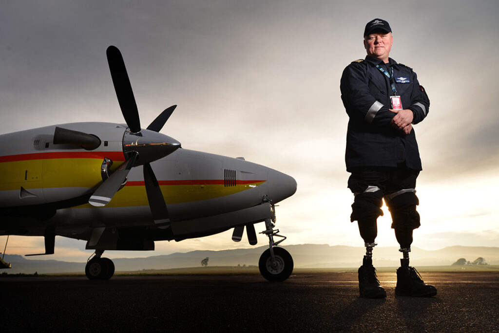 28-07-2013 pic SCO TT GELSTON
The Royal Flying Doctor Service has employed its first legless pilot : Launceston based Glenn Todhunter
Double amputee pilot Glenn Todhunter, on the arpon at the Launceston Airport in Northern Tasmania in front of the Beechcraft King Air 200C he flies for the Royal Flying Doctor Service